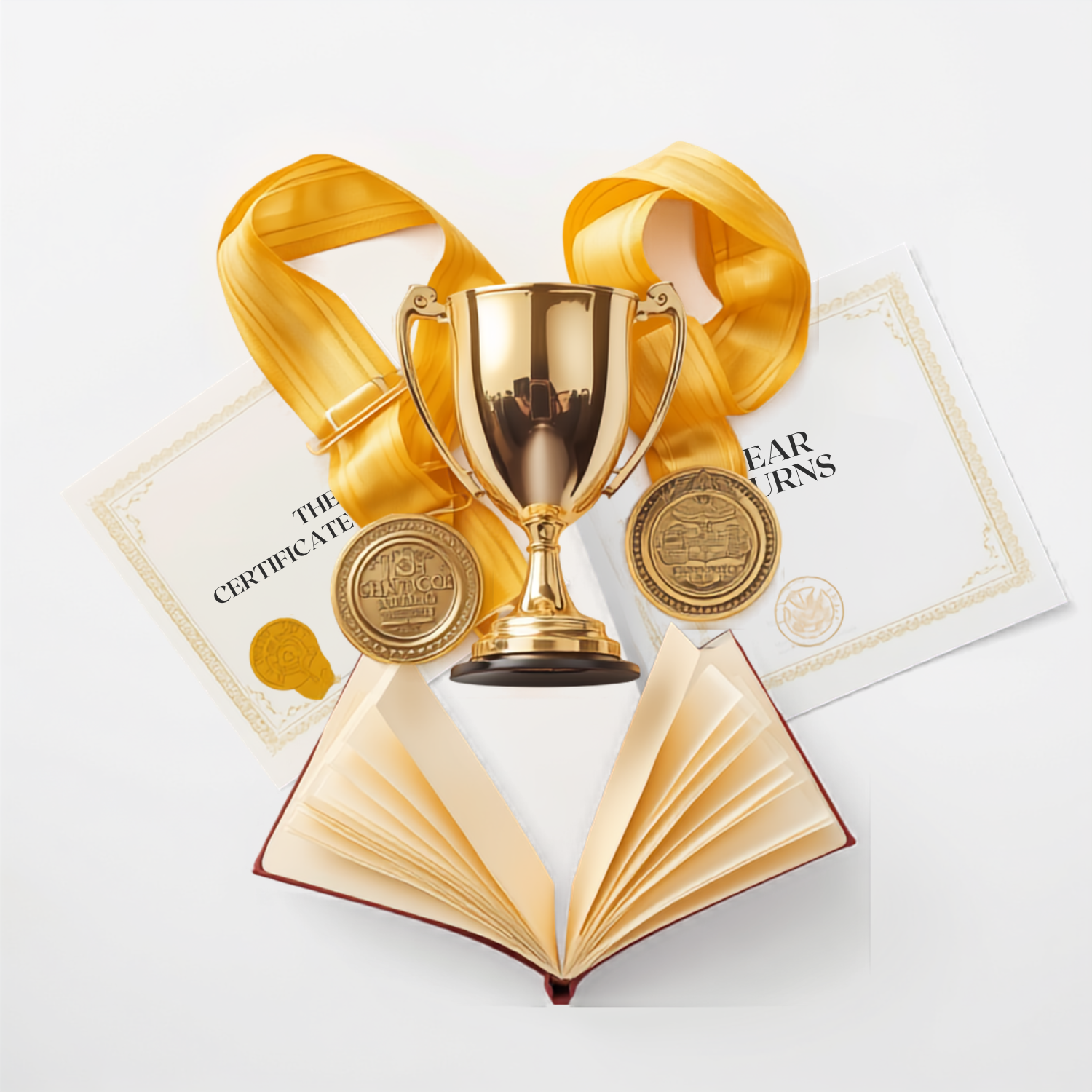A photo of a gold trophy, two medals and two certificates set above an open book.